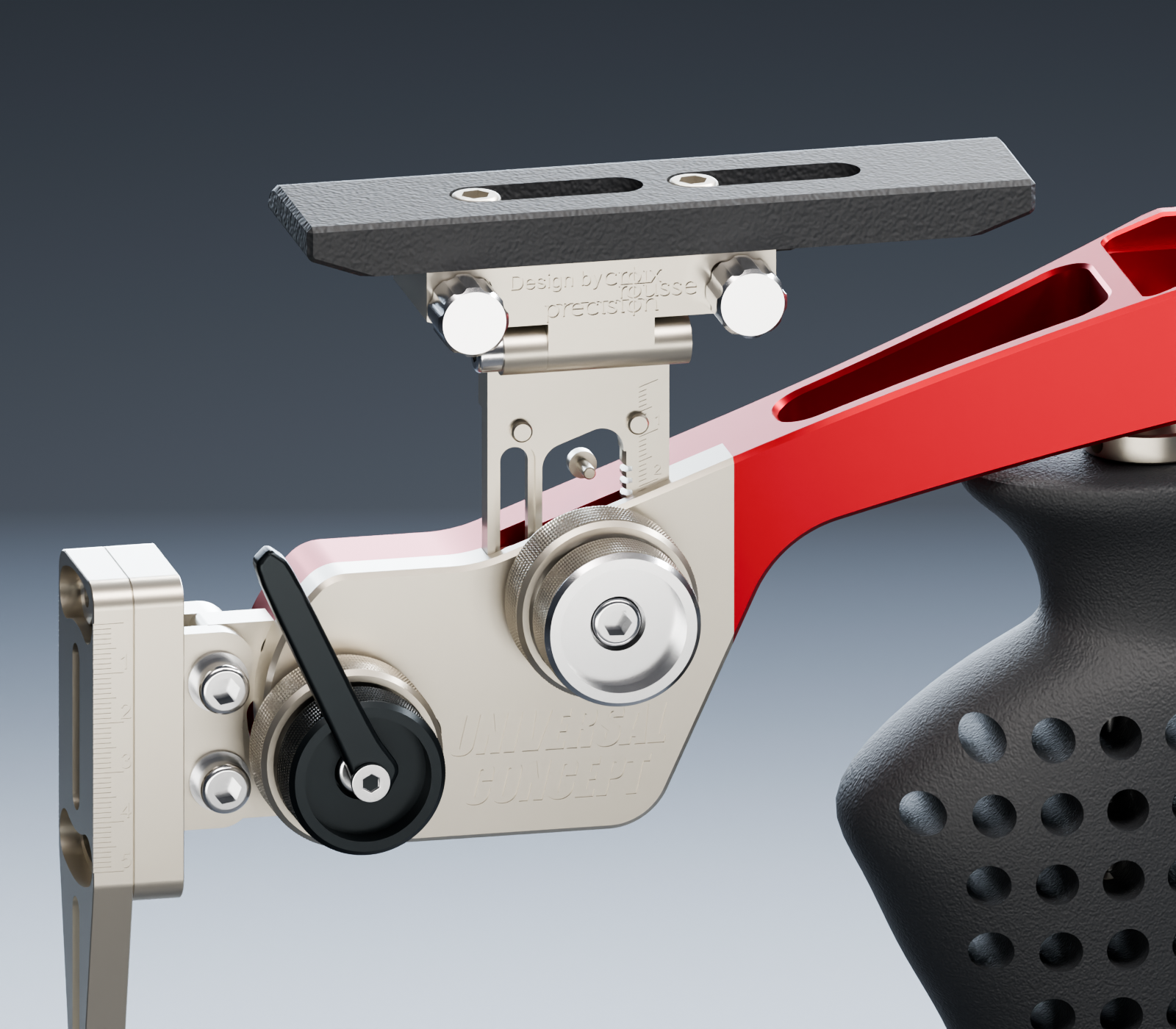 Détail de la crosse Universal Concept, aluminium rouge et pièces satinées
